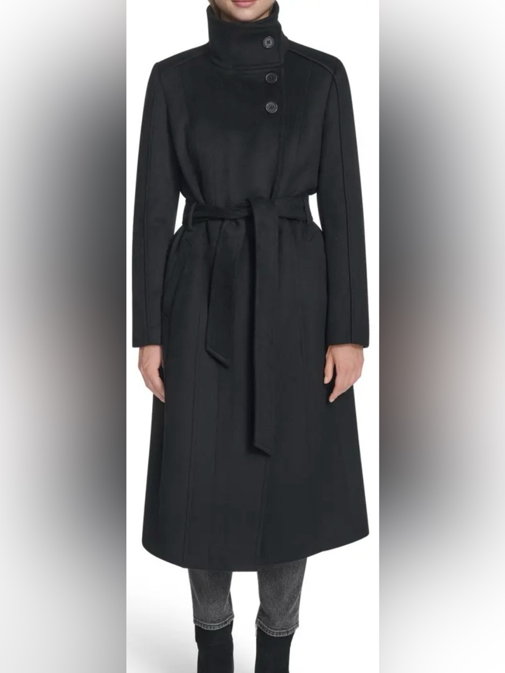 Cole Haan Black Slick Wool Asymmetric Zip Self Belted  Signature Tag Coat NWT 14